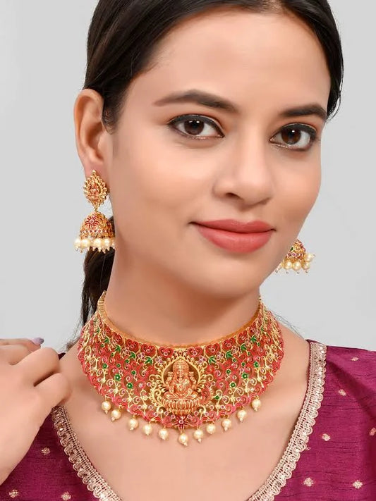 Gold Plated Red & Green Stone Studded Laxmi Temple Jewelry Set