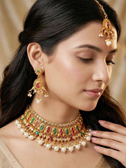 Gold-Plated Ruby & Green Color Choker Set
