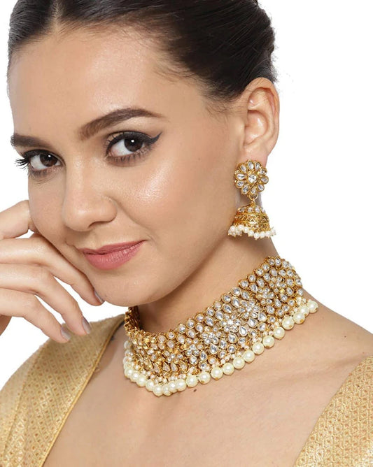 Stone-Studded Choker Necklace & Earrings Set