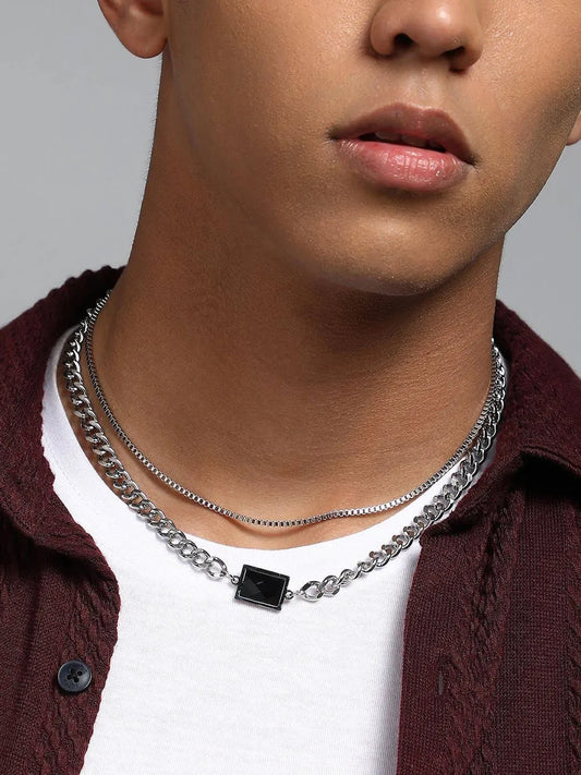 Men Silver-Plated Artificial Stones Studded Multi-Layer Minimal Chain