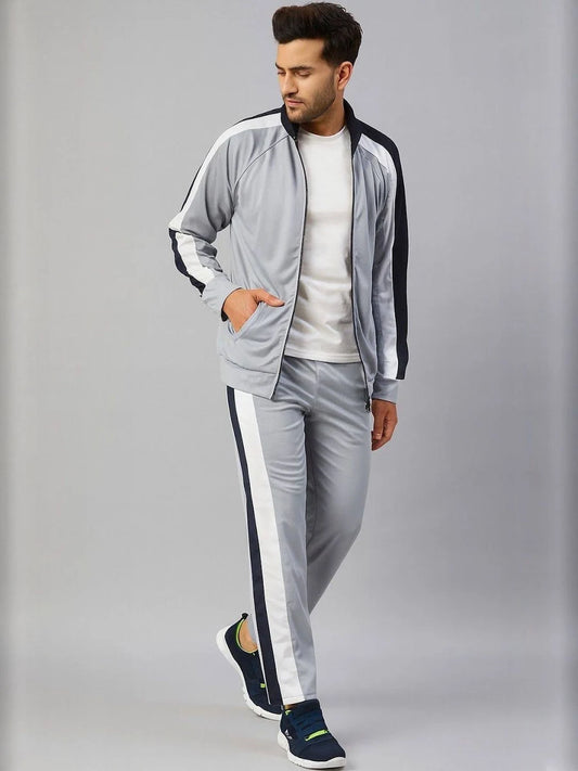 Men Striped Mock Collar Mid-Rise Tracksuits
