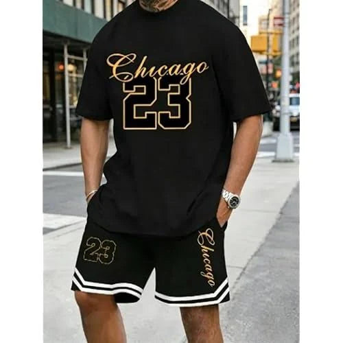 2 Piece Chicago Print Outfits, Casual Short Sleeve T-Shirt Summer Streetwear Tracksuit
