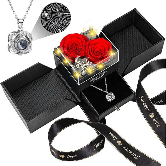 2 Preserved Real Rose with Heart I Love You Necklace- Eternal Rose Birthday Gifts