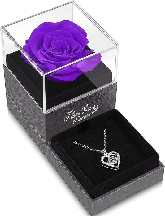 Preserved Purple Real Rose with I Love You Necklace 100 Languages