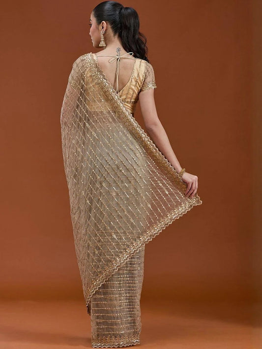 Sequins Net Saree With Unstitched Blouse