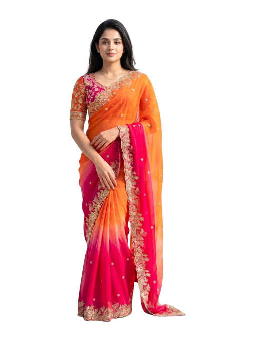 Fancy Fendy Satin Silk Saree with Multi Sequence Embroidery Work, Heavy Embroidered Wedding Party look Saree