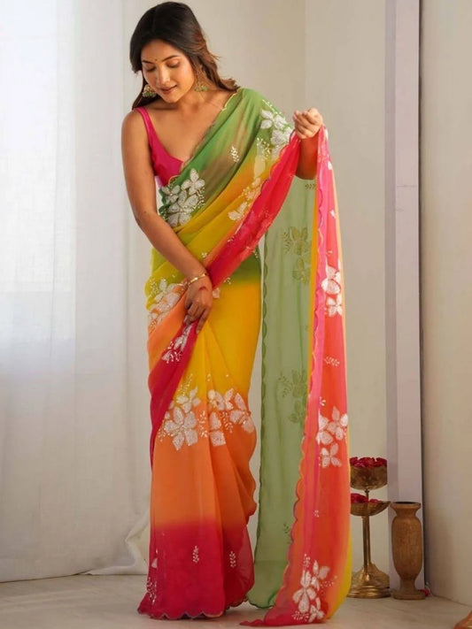 Embellished Sequined Poly Georgette Heavy Work Saree