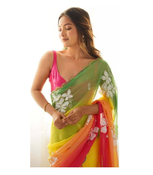 Embellished Sequined Poly Georgette Heavy Work Saree
