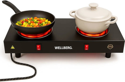 Electric Double Burner Stove 2000W Dual Heating Plate with Rocker Switch & Light Indicator