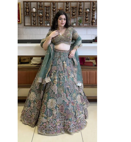 Bridal Lehenga Set with Intricate Multi-Thread Embroidery & Net Dupatta